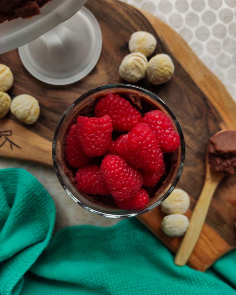 Vegan Chocolate-Chestnut Mousse, topped with raspberries