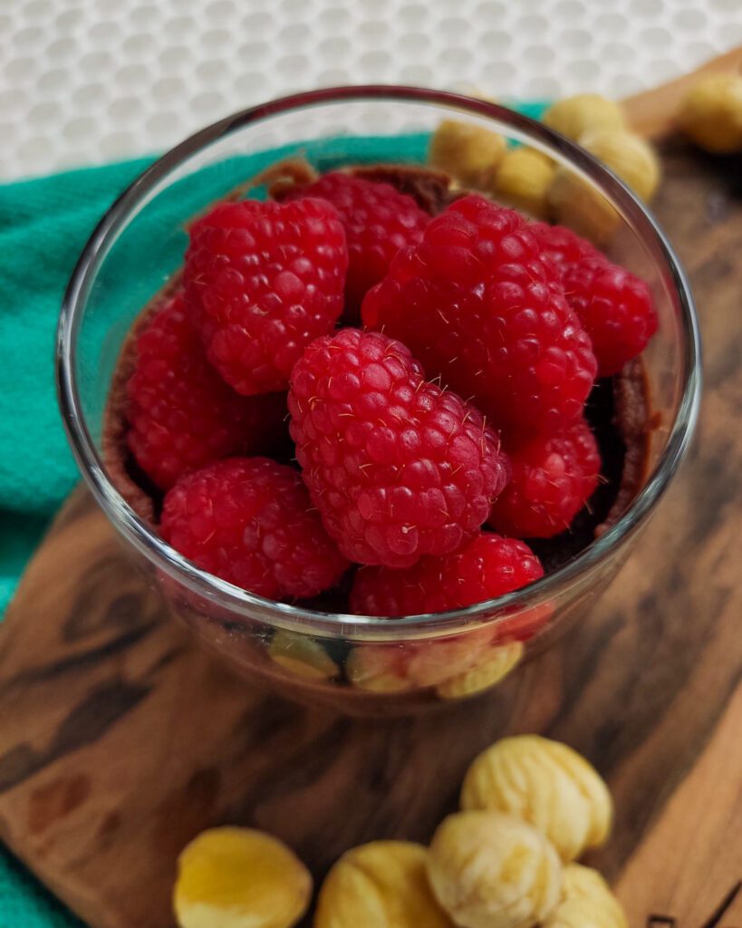 Vegan Chocolate-Chestnut Mousse, topped with raspberries