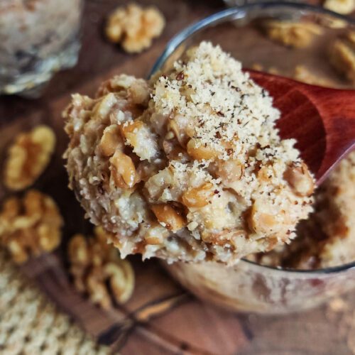 Spelt Porridge with Walnuts and Dates served in glass