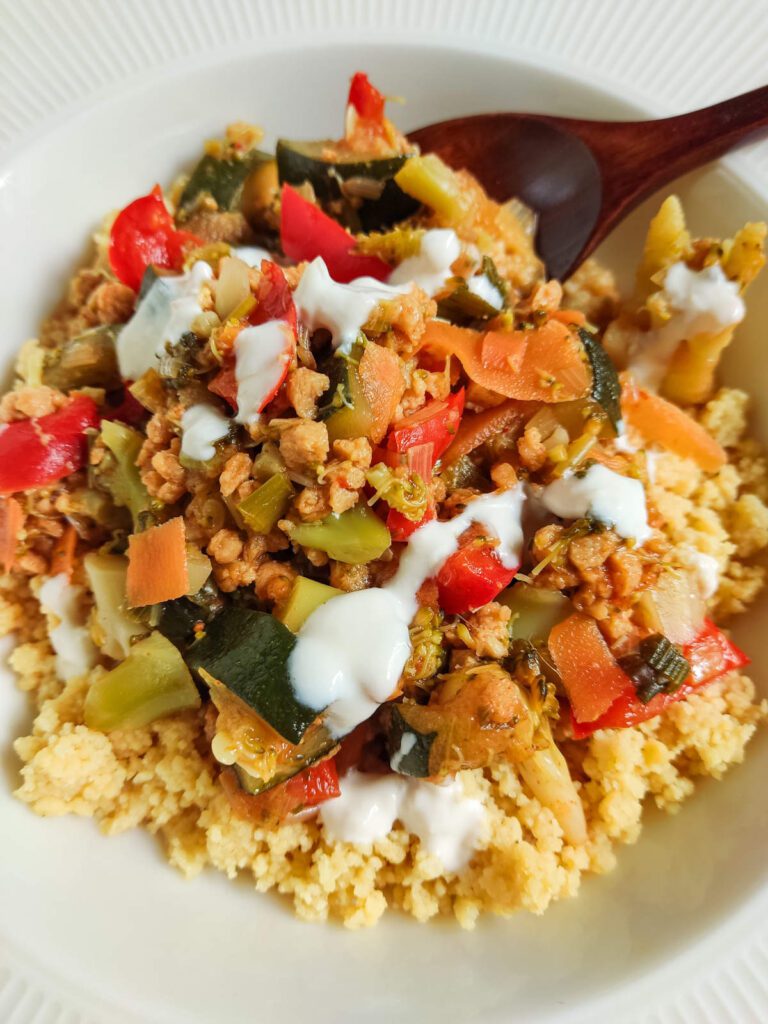 Stewed Vegetables with Soy Crumbles in a plate