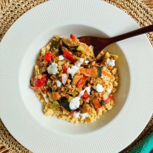 Stewed Vegetables with Soy Crumbles in a plate