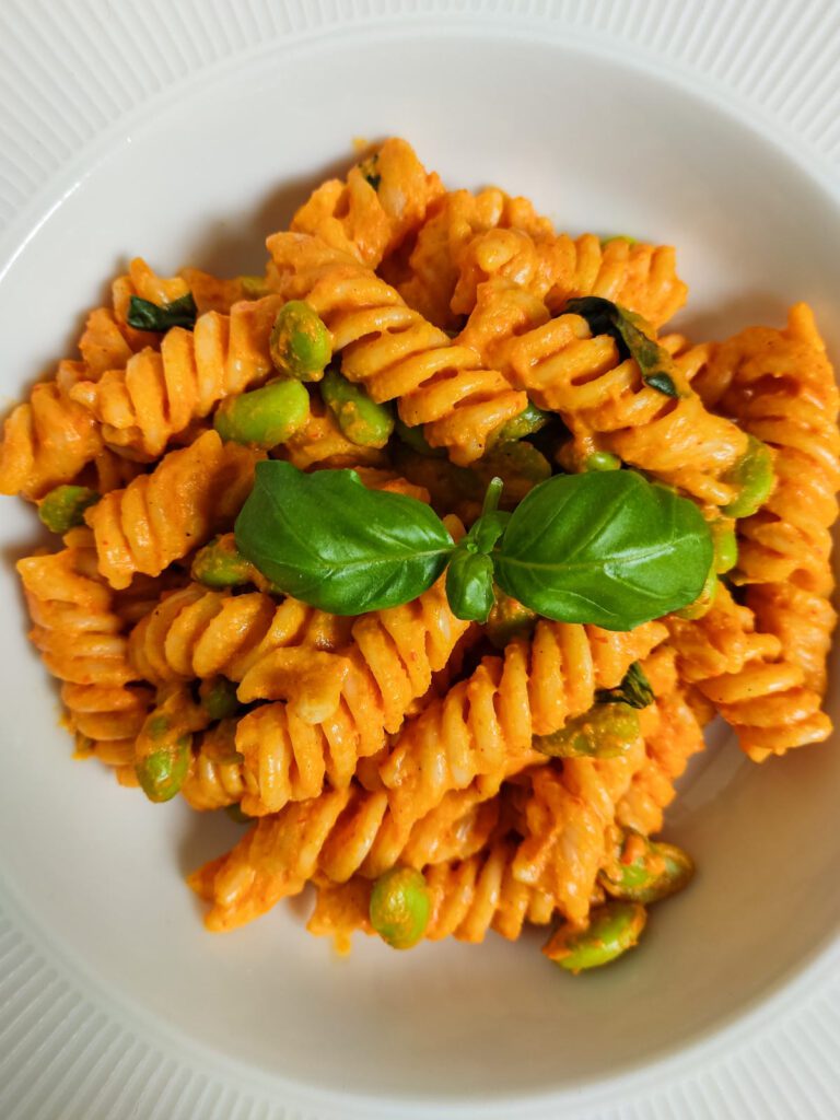 Vegan Bell Pepper and Carrot Pasta Sauce in a plate